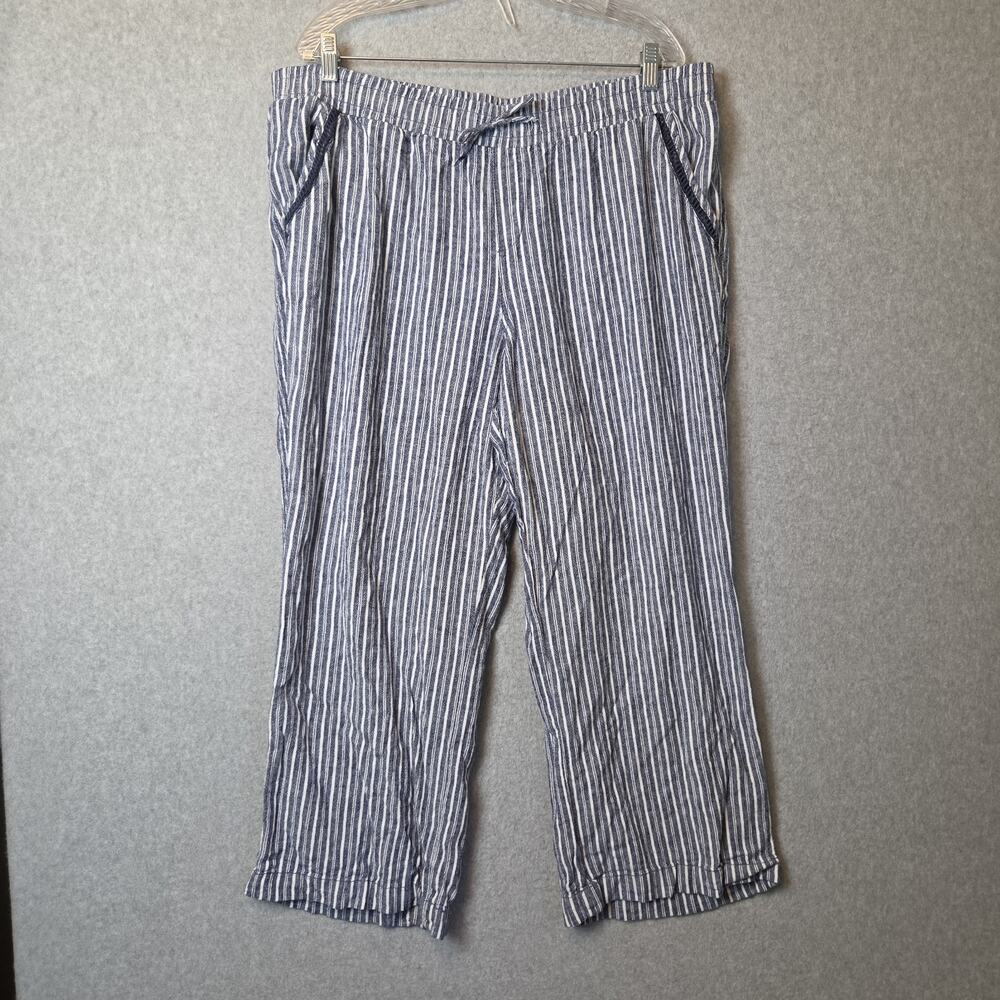 Briggs Linen Blend Blue Striped Wide Leg Cropped Pull On Pants Women's Plus XXL